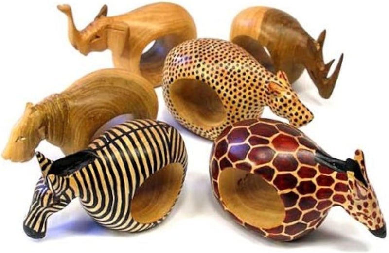 Global Crafts Hand-Carved Mahogany Wood Animal Napkin Rings - Set of Six - Image 1